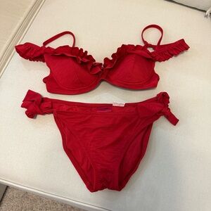 Betsy Johnson Red Off Shoulder Flutter Bikini Set Small S